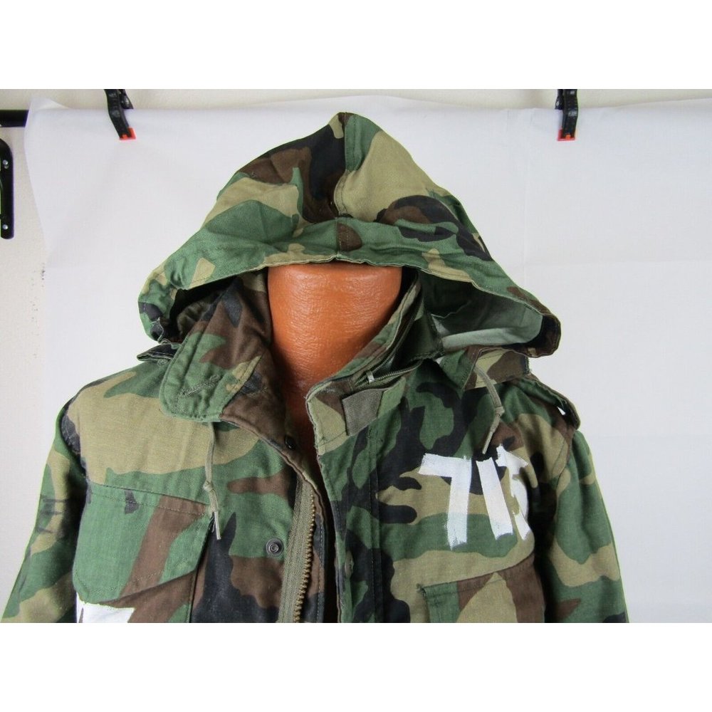 VTG 80s Military Camo Coat Field Jacket Hoodie M65 Woodland Punk Cargo Mens XS - Picture 7 of 14